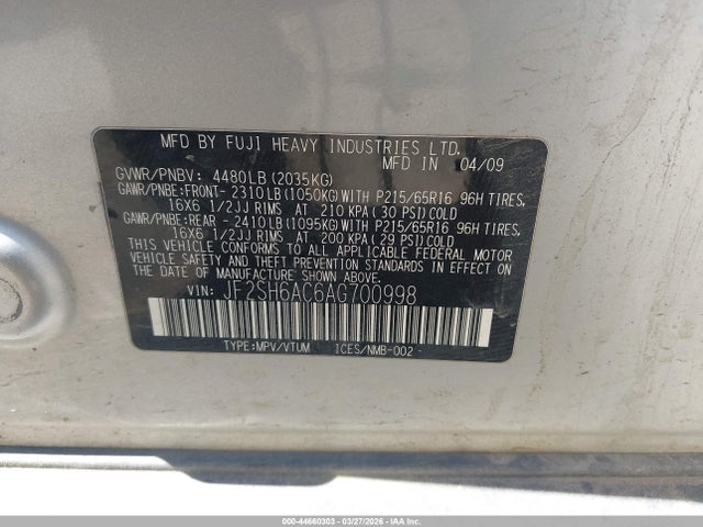 44660303 :رقم المزاد ، JF2SH6AC6AG700998 vin ، 2010 Subaru Forester 2.5x مزاد بيع