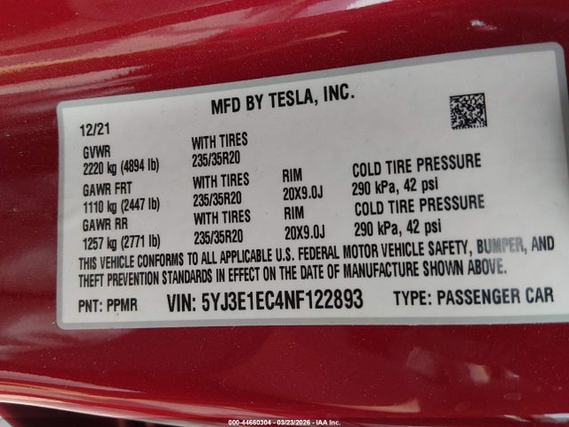 44660304 :رقم المزاد ، 5YJ3E1EC4NF122893 vin ، 2022 Tesla Model 3 Performance Dual Motor All-wheel Drive مزاد بيع