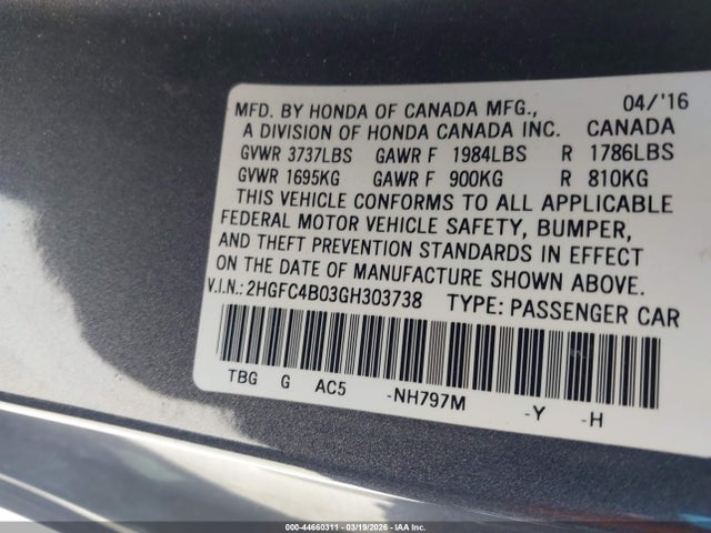 44660311 :رقم المزاد ، 2HGFC4B03GH303738 vin ، 2016 Honda Civic Lx-p مزاد بيع