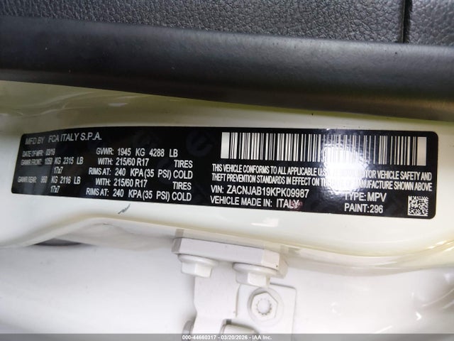 ZACNJAB19KPK09987 Jeep Renegade Latitude Fwd