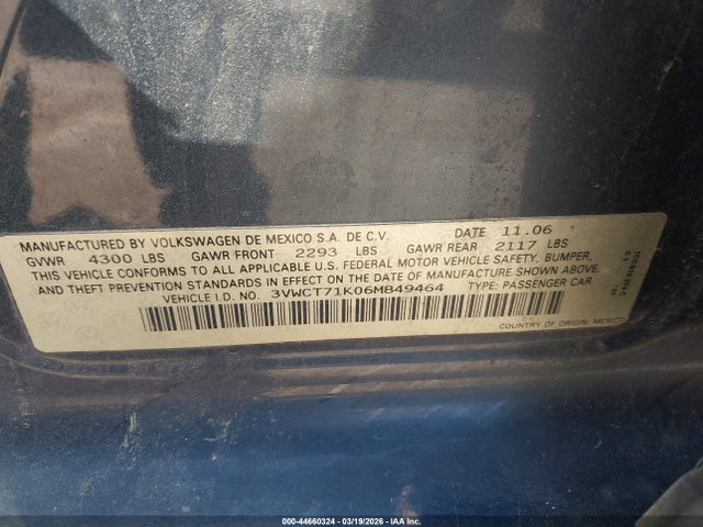 Aukcja sprzedaży 2006 Volkswagen Jetta Diesel, vin: 3VWCT71K06M849464, numer aukcji: 44660324