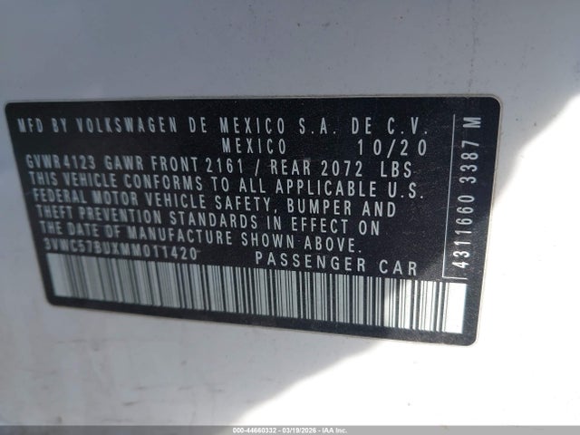 2021 Volkswagen Jetta 1.4t R-line/1.4t S/1.4t Se მანქანა იყიდება აუქციონზე, vin: 3VWC57BUXMM011420, აუქციონის ნომერი: 44660332