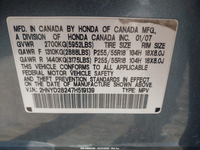Продажа на аукционе авто 2007 Acura Mdx, vin: 2HNYD28247H519139, номер лота: 44660366