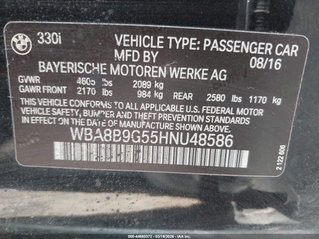 44660372 :رقم المزاد ، WBA8B9G55HNU48586 vin ، 2017 Bmw 330i مزاد بيع