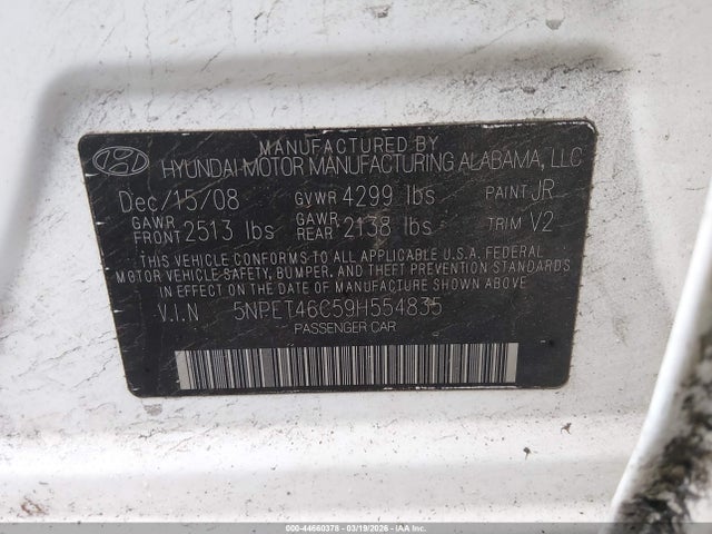 Продажа на аукционе авто 2009 Hyundai Sonata Gls, vin: 5NPET46C59H554835, номер лота: 44660378
