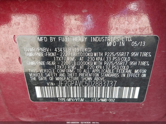 Aukcja sprzedaży 2013 Subaru Xv Crosstrek 2.0i Premium, vin: JF2GPAVC5D2883737, numer aukcji: 44660384