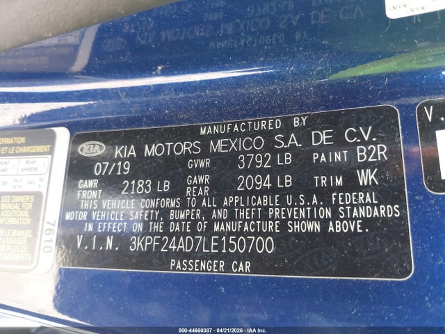 44660387 :رقم المزاد ، 3KPF24AD7LE150700 vin ، 2020 Kia Forte Lxs مزاد بيع
