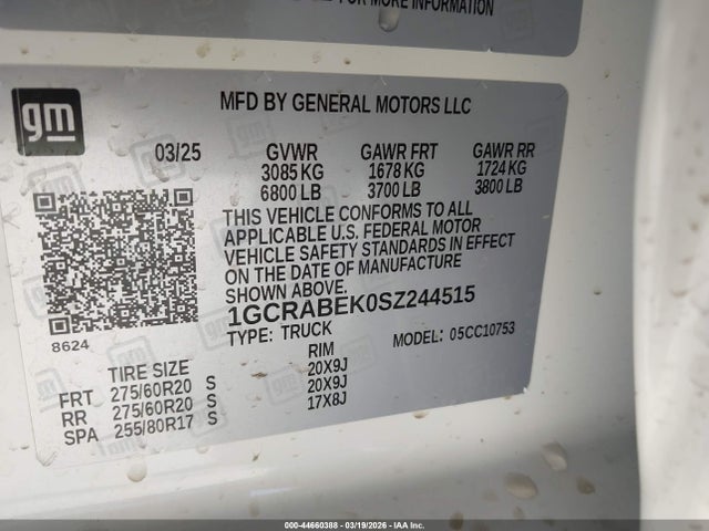 Auction sale of the 2025 Chevrolet Silverado 1500 2wd  Standard Bed Custom, vin: 1GCRABEK0SZ244515, lot number: 44660388