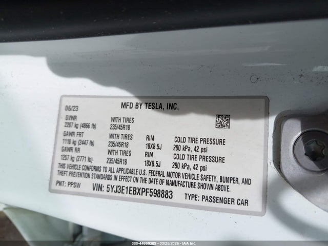 Продажа на аукционе авто 2023 Tesla Model 3 Long Range Dual Motor All-wheel Drive, vin: 5YJ3E1EBXPF598883, номер лота: 44660389