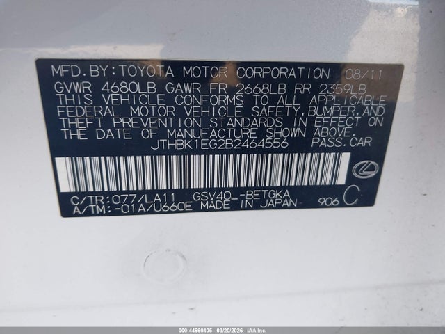 Aukcja sprzedaży 2011 Lexus Es 350, vin: JTHBK1EG2B2464556, numer aukcji: 44660405