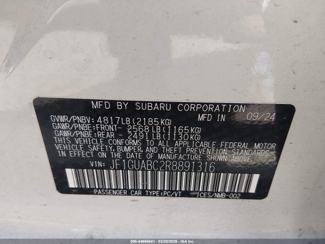 2024 Subaru Impreza Base 5-door მანქანა იყიდება აუქციონზე, vin: JF1GUABC2R8891316, აუქციონის ნომერი: 44660441
