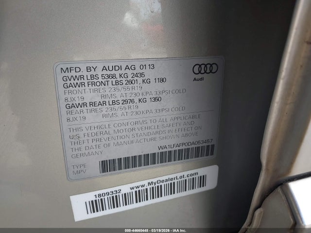 44660448 :رقم المزاد ، WA1LFAFP0DA053457 vin ، 2013 Audi Q5 2.0t Premium مزاد بيع