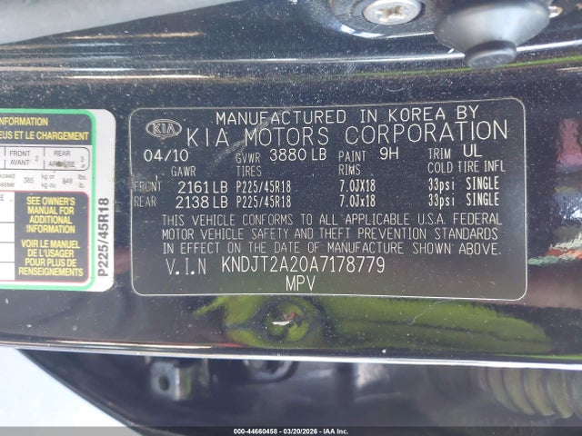 44660458 :رقم المزاد ، KNDJT2A20A7178779 vin ، 2010 Kia Soul Sport مزاد بيع