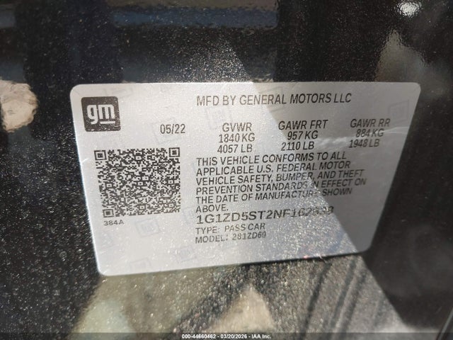 44660462 :رقم المزاد ، 1G1ZD5ST2NF162838 vin ، 2022 Chevrolet Malibu Fwd Lt مزاد بيع