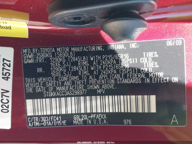 Aukcja sprzedaży 2010 Toyota Sienna Le, vin: 5TDKK4CC3AS298977, numer aukcji: 44660489