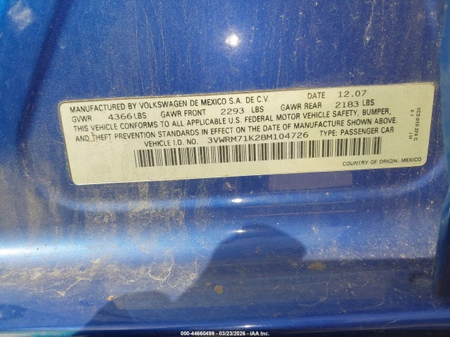 Aukcja sprzedaży 2008 Volkswagen Jetta Se/sel, vin: 3VWRM71K28M104726, numer aukcji: 44660499