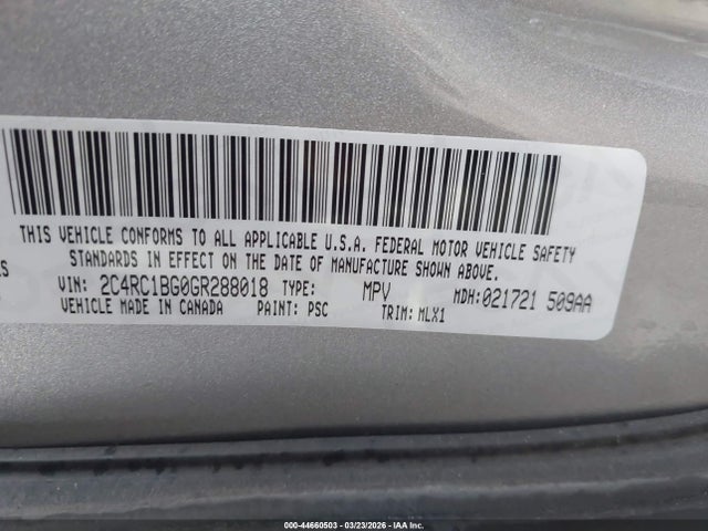 44660503 :رقم المزاد ، 2C4RC1BG0GR288018 vin ، 2016 Chrysler Town & Country Touring مزاد بيع