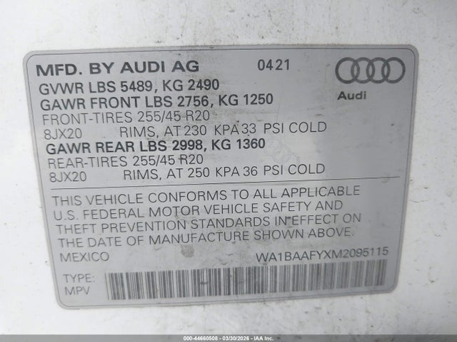 Aukcja sprzedaży 2021 Audi Q5 Premium Plus 45 Tfsi Quattro S Tronic, vin: WA1BAAFYXM2095115, numer aukcji: 44660508