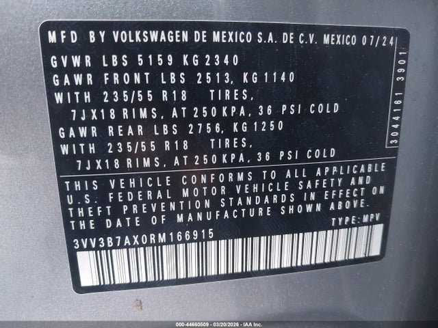 Продаж на аукціоні авто 2024 Volkswagen Tiguan 2.0t Se/2.0t Wolfsburg Edition, vin: 3VV3B7AX0RM166915, номер лоту: 44660509