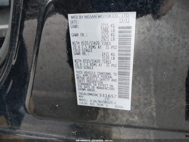 Aukcja sprzedaży 2013 Infiniti Jx35, vin: 5N1AL0MN5DC331657, numer aukcji: 44660518