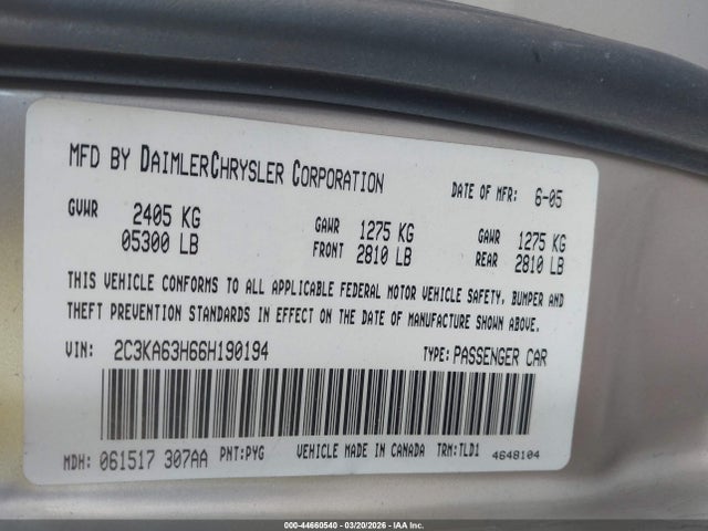 44660540 :رقم المزاد ، 2C3KA63H66H190194 vin ، 2006 Chrysler 300c مزاد بيع