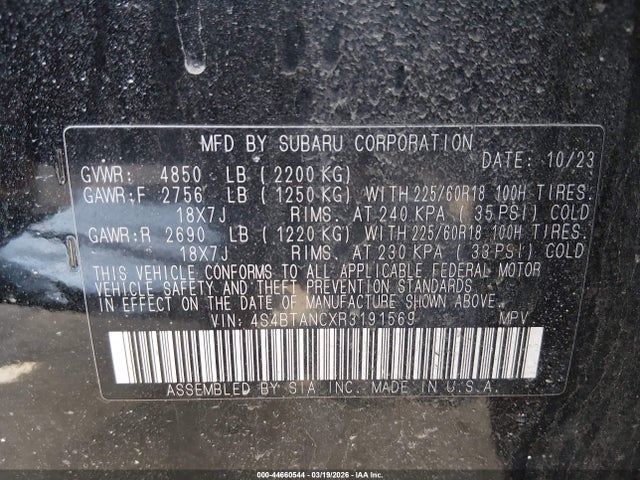44660544 :رقم المزاد ، 4S4BTANCXR3191569 vin ، 2024 Subaru Outback Limited مزاد بيع