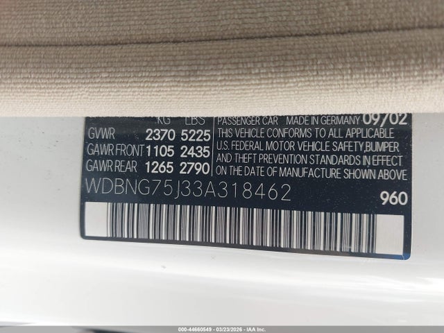 Aukcja sprzedaży 2003 Mercedes-benz S 500, vin: WDBNG75J33A318462, numer aukcji: 44660549