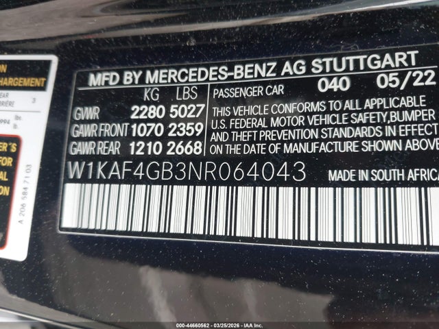 Aukcja sprzedaży 2022 Mercedes-benz C 300 Sedan, vin: W1KAF4GB3NR064043, numer aukcji: 44660562