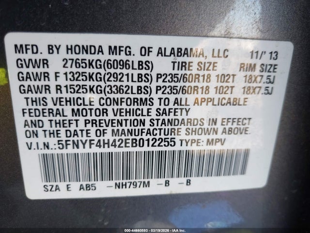 Honda Pilot Ex 2014 5FNYF4H42EB012255 Image 9