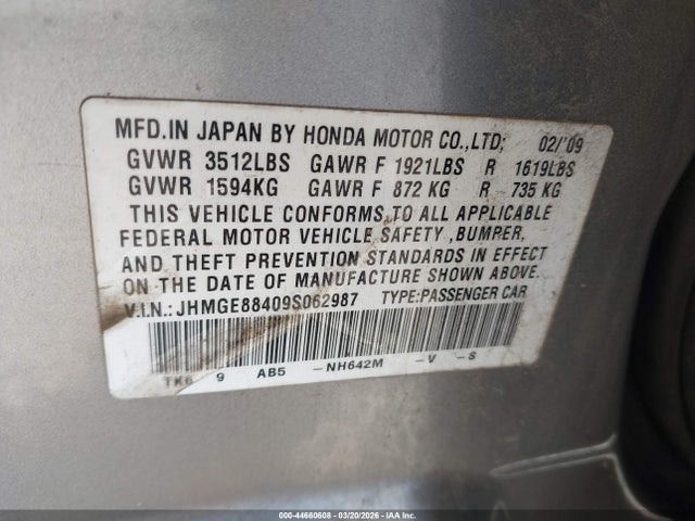 Aukcja sprzedaży 2009 Honda Fit Sport, vin: JHMGE88409S062987, numer aukcji: 44660608