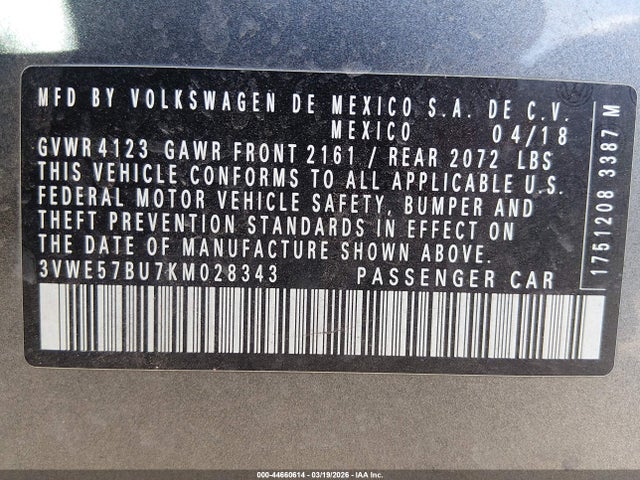 3VWE57BU7KM028343 Volkswagen Jetta 1.4t Sel