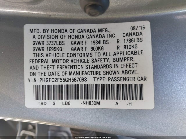 Honda Civic Lx 2016 2HGFC2F55GH567098 Image 9