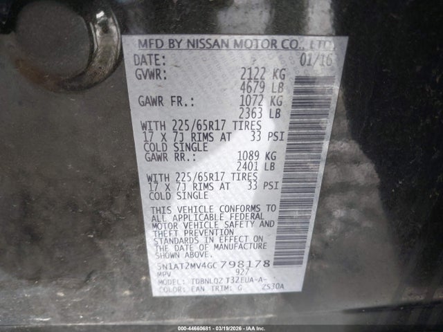Продажа на аукционе авто 2016 Nissan Rogue Sv, vin: 5N1AT2MV4GC798178, номер лота: 44660681