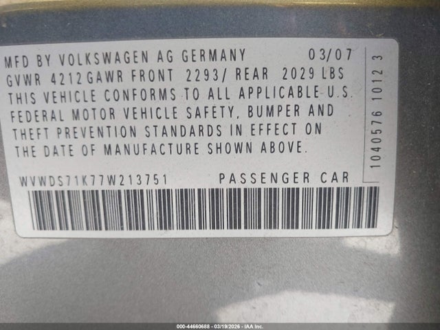Продаж на аукціоні авто 2007 Volkswagen Rabbit 4-door, vin: WVWDS71K77W213751, номер лоту: 44660688