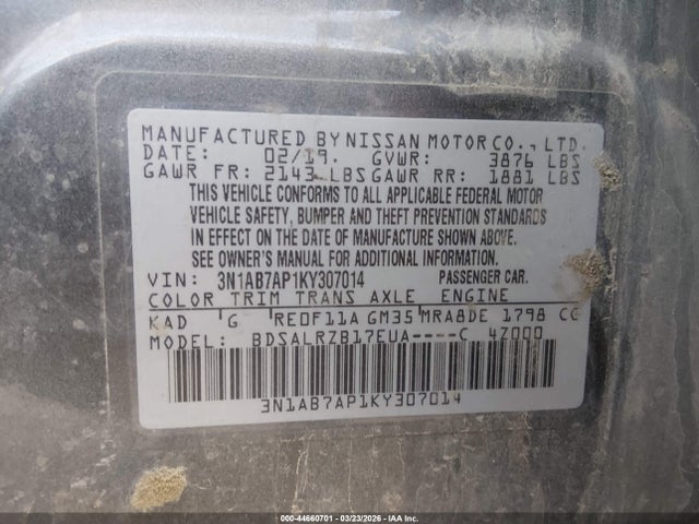 44660701 :رقم المزاد ، 3N1AB7AP1KY307014 vin ، 2019 Nissan Sentra Sr مزاد بيع
