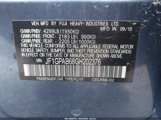 Продаж на аукціоні авто 2016 Subaru Impreza 2.0i Premium, vin: JF1GPAB68GH202376, номер лоту: 44660702