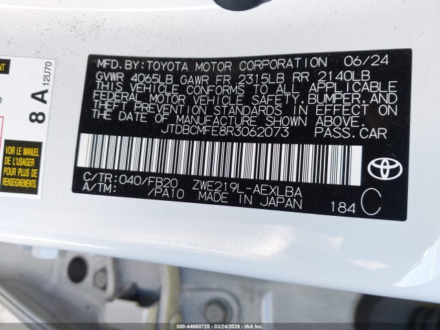 44660725 :رقم المزاد ، JTDBCMFE8R3062073 vin ، 2024 Toyota Corolla Hybrid Le مزاد بيع