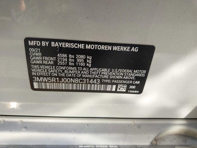 Aukcja sprzedaży 2022 Bmw 330i, vin: 3MW5R1J00N8C31443, numer aukcji: 44660732