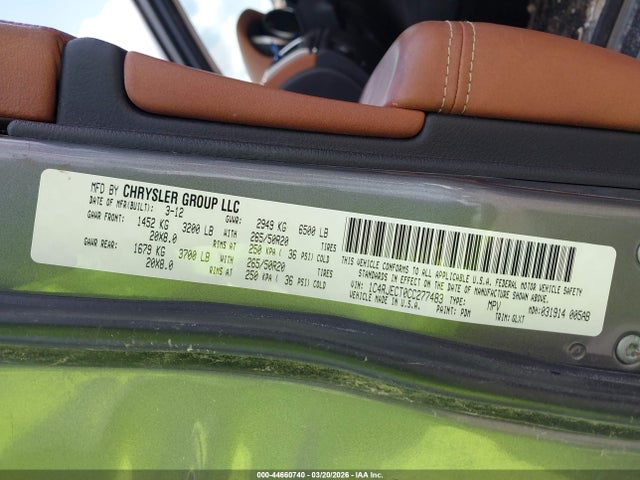 44660740 :رقم المزاد ، 1C4RJECT0CC277483 vin ، 2012 Jeep Grand Cherokee Overland مزاد بيع
