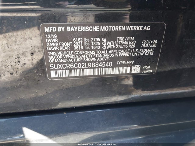 44660748 :رقم المزاد ، 5UXCR6C02L9B84540 vin ، 2020 Bmw X5 Xdrive40i مزاد بيع