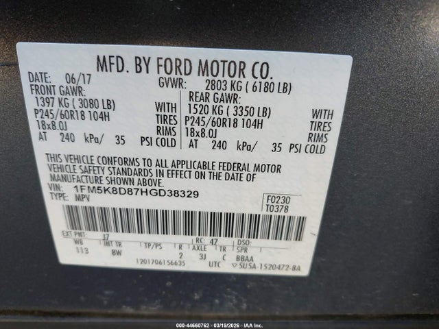 44660762 :رقم المزاد ، 1FM5K8D87HGD38329 vin ، 2017 Ford Explorer Xlt مزاد بيع