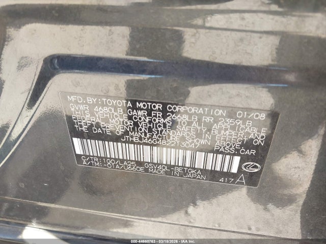 2008 Lexus Es 350 მანქანა იყიდება აუქციონზე, vin: JTHBJ46G482213047, აუქციონის ნომერი: 44660763