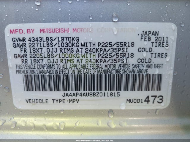 Aukcja sprzedaży 2011 Mitsubishi Outlander Sport Se, vin: JA4AP4AU8BZ011815, numer aukcji: 44660765