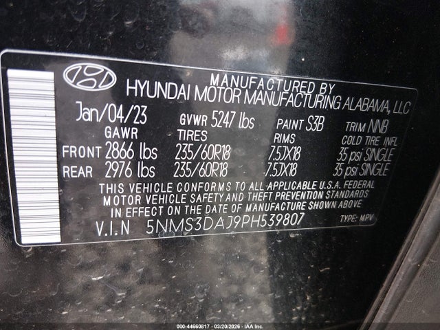 Продаж на аукціоні авто 2023 Hyundai Santa Fe Sel, vin: 5NMS3DAJ9PH539807, номер лоту: 44660817