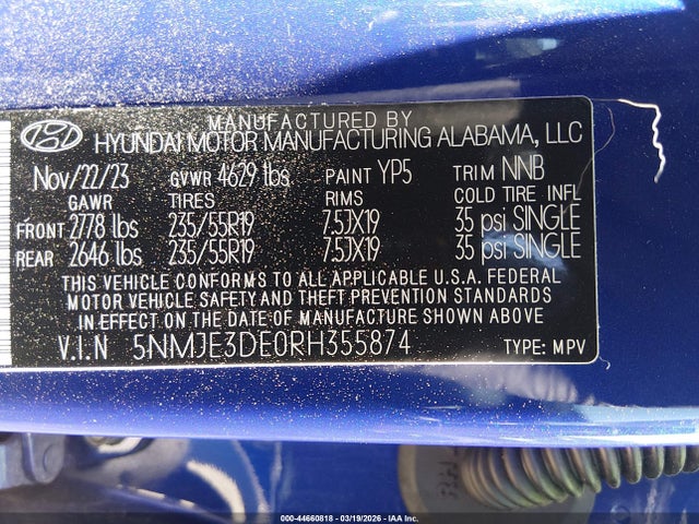 Aukcja sprzedaży 2024 Hyundai Tucson Limited, vin: 5NMJE3DE0RH355874, numer aukcji: 44660818