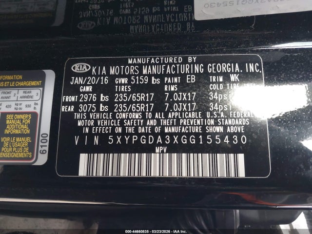 5XYPGDA3XGG155430 KIA Sorento 2.4l Lx