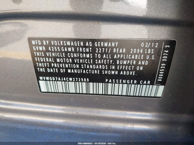 2012 Volkswagen Gti 4-door მანქანა იყიდება აუქციონზე, vin: WVWGD7AJ4CW272989, აუქციონის ნომერი: 44660843