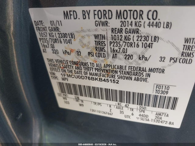 2011 Ford Escape Xlt მანქანა იყიდება აუქციონზე, vin: 1FMCU0D76BKB45152, აუქციონის ნომერი: 44660848