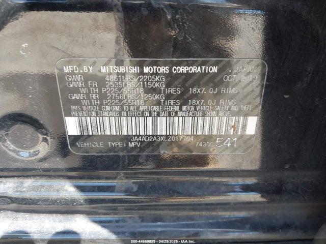 44660859 :رقم المزاد ، JA4AD2A3XLZ017704 vin ، 2020 Mitsubishi Outlander Es 2.4 مزاد بيع