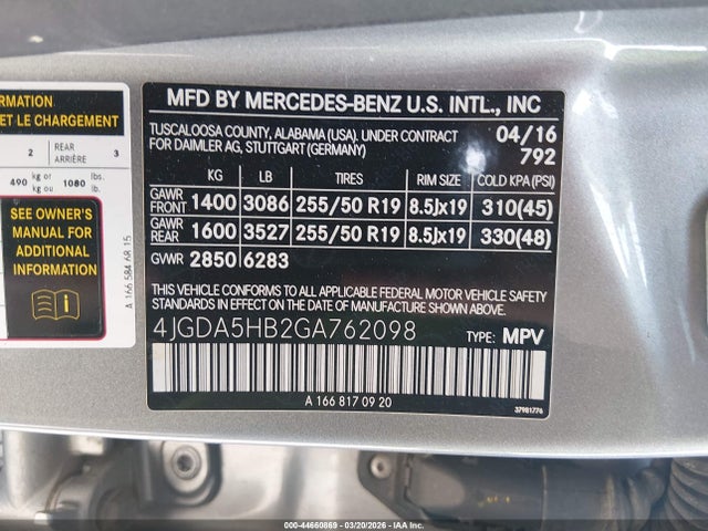 Продажа на аукционе авто 2016 Mercedes-benz Gle 350 4matic, vin: 4JGDA5HB2GA762098, номер лота: 44660869